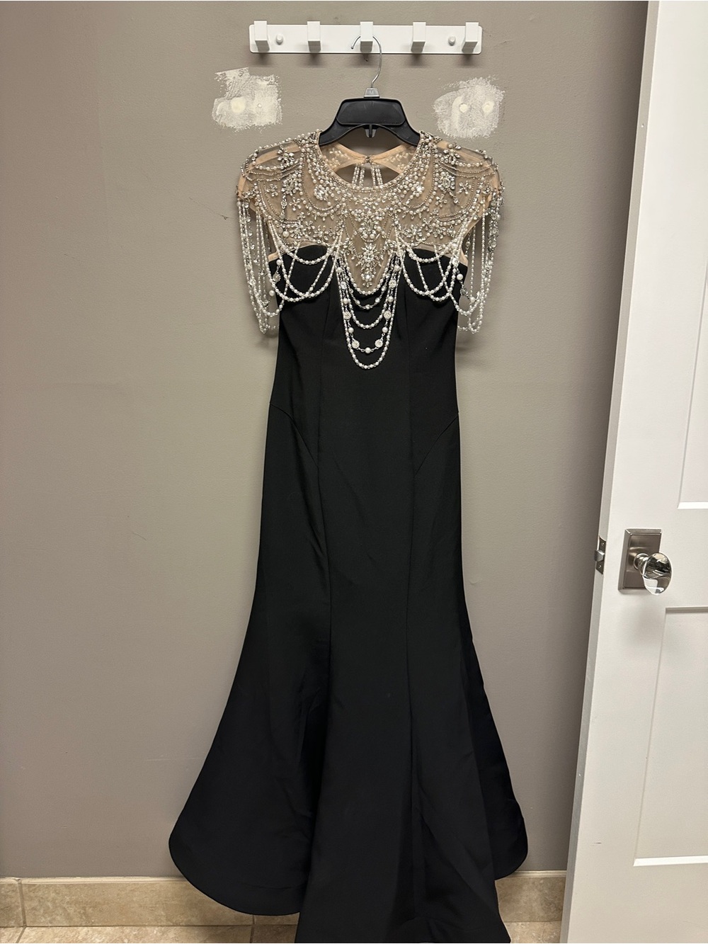 Mac Duggal Black Cap Sleeve Gown with Nude Beaded Pearl and Rhinestone Illusion